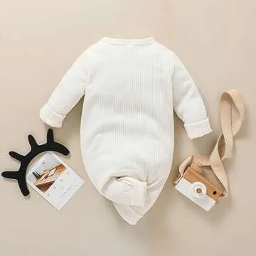 Kutersbabi Newborn Baby Boy Romper Plain Long Sleeve Onesie Ribbed Button Deco Jumpsuit Bodysuit Baby Girl Photoshoot Outfit (6-9 Months, White)