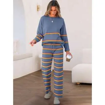 Caracilia Women's 2 Piece Outfits Sweater Sets Striped Oversized Sweaters Knit Wide Leg Pant Lounge Set 2024 Fall Outfits Dusty Blue L
