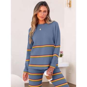 Caracilia Women's 2 Piece Outfits Sweater Sets Striped Oversized Sweaters Knit Wide Leg Pant Lounge Set 2024 Fall Outfits Dusty Blue L