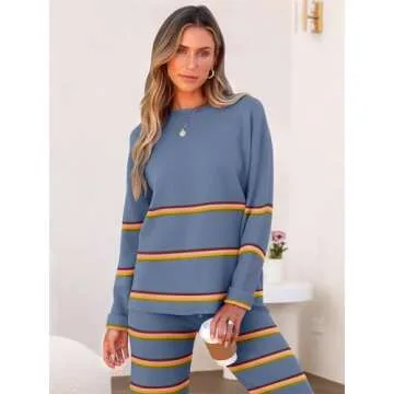 Caracilia Women's 2 Piece Outfits Sweater Sets Striped Oversized Sweaters Knit Wide Leg Pant Lounge Set 2024 Fall Outfits Dusty Blue L