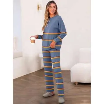 Caracilia Women's 2 Piece Outfits Sweater Sets Striped Oversized Sweaters Knit Wide Leg Pant Lounge Set 2024 Fall Outfits Dusty Blue L
