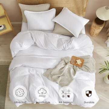 PHF Waffle Weave Duvet Cover Set Queen Size, 3 Piece Ultra Soft Breathable Durable Comforter Cover for All Season, Waffle Textured Duvet Set with 2 Pillow Shams Bedding Collection, 90"x90", White