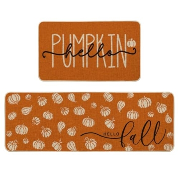 Artoid Mode Orange Hello Pumpkin Fall Kitchen Mats Set of 2, Autumn Home Decor Low-Profile Kitchen R...