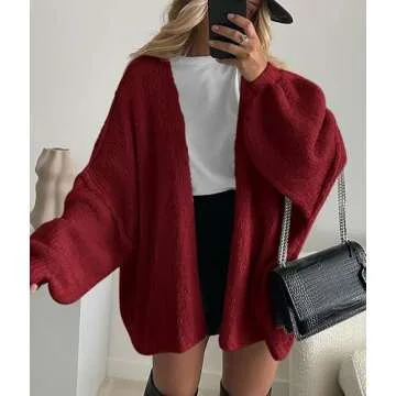 PRETTYGARDEN Womens Oversized Cardigan Sweaters 2025 Fall Long Lantern Sleeve Knit Open Front Lightweight Sweater (Wine Red,Small)