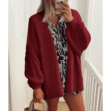 PRETTYGARDEN Womens Oversized Cardigan Sweaters 2025 Fall Long Lantern Sleeve Knit Open Front Lightweight Sweater (Wine Red,Small)