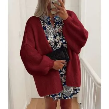 PRETTYGARDEN Womens Oversized Cardigan Sweaters 2025 Fall Long Lantern Sleeve Knit Open Front Lightweight Sweater (Wine Red,Small)