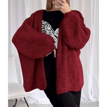 PRETTYGARDEN Womens Oversized Cardigan Sweaters 2025 Fall Long Lantern Sleeve Knit Open Front Lightweight Sweater (Wine Red,Small)