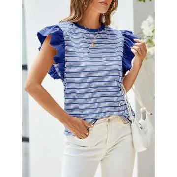 Tankaneo Womens Ruffle Striped Tank Tops Summer Crew Neck Sleeveless Shirts Loose Fit Dressy Casual Blouse Royal Blue