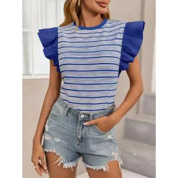 Tankaneo Womens Ruffle Striped Tank Tops Summer Crew Neck Sleeveless Shirts Loose Fit Dressy Casual Blouse Royal Blue
