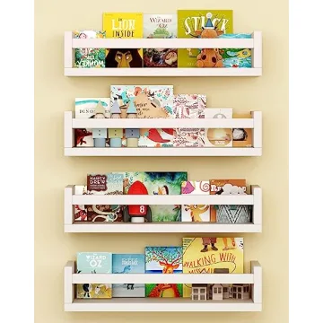 Onlysky Set of 4 Wall-Mounted Kids Bookshelf - White Floating Nursery Book Shelves - Durable Wood Co...