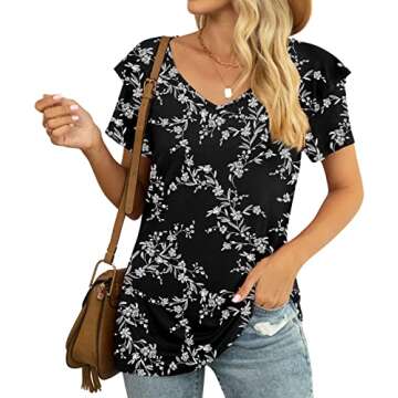 YVH Women's Summer Casual Shirts V Neck Ruffle Short Sleeve Tops Loose Blouses, White Carvings-Black, XL