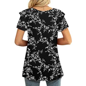 YVH Women's Summer Casual Shirts V Neck Ruffle Short Sleeve Tops Loose Blouses, White Carvings-Black, XL