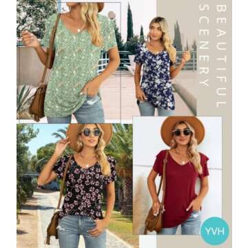 YVH Women's Summer Casual Shirts V Neck Ruffle Short Sleeve Tops Loose Blouses, White Carvings-Black, XL