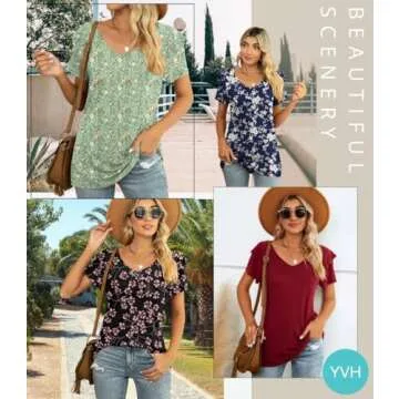 YVH Women's Summer Casual Shirts V Neck Ruffle Short Sleeve Tops Loose Blouses, White Carvings-Black, XL