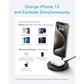 Anker iPhone 16 Wireless Charging Stand, PowerWave 2-in-1 Magnetic Stand Lite with USB-C Cable, For iPhone 16/15/14/13 Series, AirPods (No AC Adapter)
