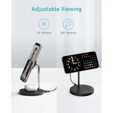 Anker iPhone 16 Wireless Charging Stand, PowerWave 2-in-1 Magnetic Stand Lite with USB-C Cable, For iPhone 16/15/14/13 Series, AirPods (No AC Adapter)