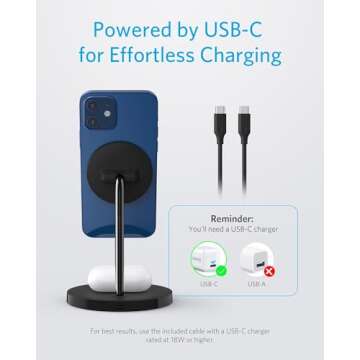 Anker iPhone 16 Wireless Charging Stand, PowerWave 2-in-1 Magnetic Stand Lite with USB-C Cable, For iPhone 16/15/14/13 Series, AirPods (No AC Adapter)