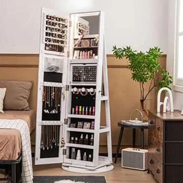 LOKO 360° Swivel Jewelry Cabinet, Lockable Jewelry Organizer with Rear Storage Shelves, Standing Je...