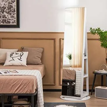 LOKO 360° Swivel Jewelry Cabinet, Lockable Jewelry Organizer with Rear Storage Shelves, Standing Jewelry Armoire with Full-Length Mirror & 3-Color LED Lights, for Girls Women, Bedroom (White)