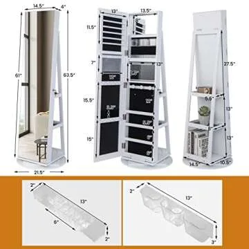 LOKO 360° Swivel Jewelry Cabinet, Lockable Jewelry Organizer with Rear Storage Shelves, Standing Jewelry Armoire with Full-Length Mirror & 3-Color LED Lights, for Girls Women, Bedroom (White)