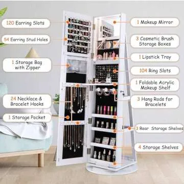 LOKO 360° Swivel Jewelry Cabinet, Lockable Jewelry Organizer with Rear Storage Shelves, Standing Jewelry Armoire with Full-Length Mirror & 3-Color LED Lights, for Girls Women, Bedroom (White)