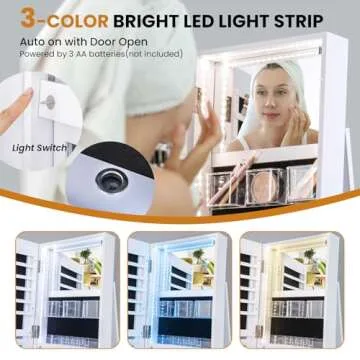 LOKO 360° Swivel Jewelry Cabinet, Lockable Jewelry Organizer with Rear Storage Shelves, Standing Jewelry Armoire with Full-Length Mirror & 3-Color LED Lights, for Girls Women, Bedroom (White)