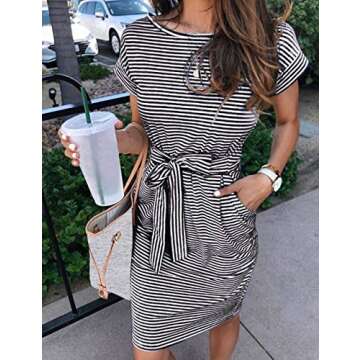 MEROKEETY Women's Summer Striped Short Sleeve T Shirt Dress Casual Tie Waist Midi Dress, Black, XL