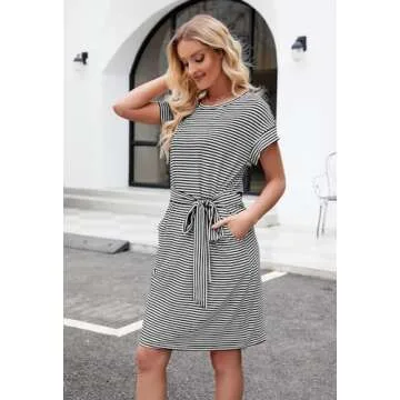 MEROKEETY Women's Summer Striped Short Sleeve T Shirt Dress Casual Tie Waist Midi Dress, Black, XL