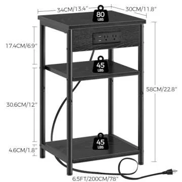 Rolanstar End Table with Charging Station, Night Stand with 3 Storage Shelves, Narrow Side Table wit...