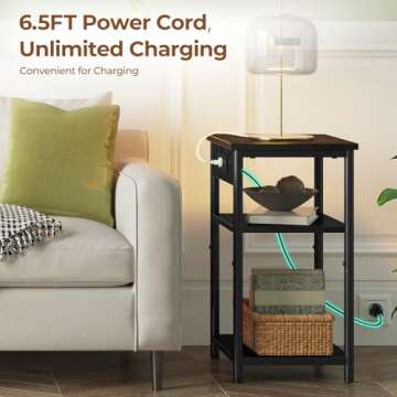 Rolanstar End Table with Charging Station, Night Stand with 3 Storage Shelves, Narrow Side Table with USB Ports & Power Outlets, Small Bedside Table for Living Room, Bedroom (2, Black)