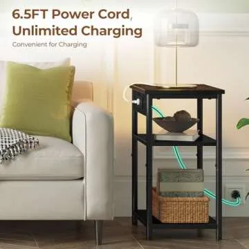 Rolanstar End Table with Charging Station, Night Stand with 3 Storage Shelves, Narrow Side Table with USB Ports & Power Outlets, Small Bedside Table for Living Room, Bedroom (2, Black)