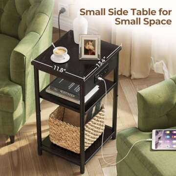 Rolanstar End Table with Charging Station, Night Stand with 3 Storage Shelves, Narrow Side Table with USB Ports & Power Outlets, Small Bedside Table for Living Room, Bedroom (2, Black)