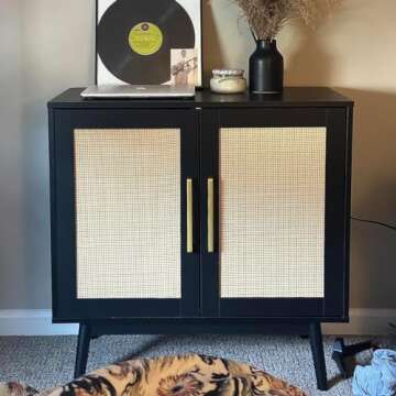 LYNSOM Sideboard Buffet Cabinet with Storage, Kitchen Buffet Cabinet with Rattan Doors and Adjustable Shelf, Small Storage Cabinet with Solid Wood Feet for Hallway, Entry, Living Room, Black