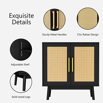 LYNSOM Sideboard Buffet Cabinet with Storage, Kitchen Buffet Cabinet with Rattan Doors and Adjustable Shelf, Small Storage Cabinet with Solid Wood Feet for Hallway, Entry, Living Room, Black