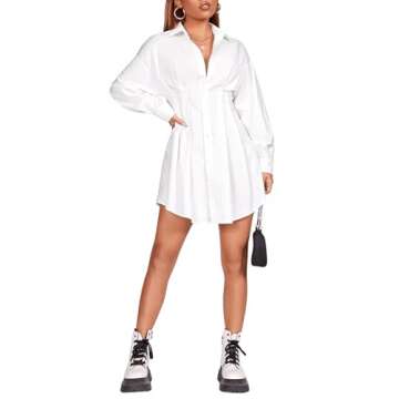 GORGLITTER Women's Button Up Long Sleeve Mini T Shirt Dress Lapel Collar Pleated Flared Short Dresses White Medium