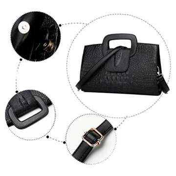 ZLMBAGUS Women Vintage Flap Tote Top Handle Satchel Handbags PU Leather Clutch Purse Alligator Print Casual Messenger Shoulder Crossbody Bag Z-Black