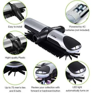 Primode Motorized Tie Rack Closet Organizer with LED Lights Includes J Hooks for Wired Shelving Stores Up to 72 Ties & 8 Belts Operates with Batteries