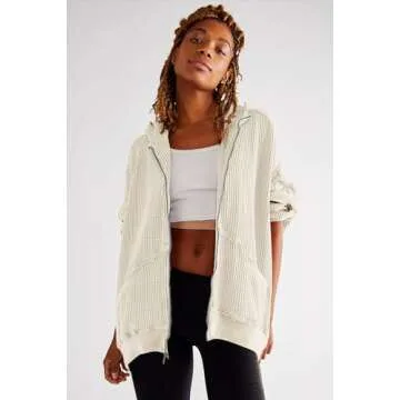 SAUKOLE Shirt Jackets for Women 2025 Trendy Waffle Knit Tops Zip Up Hoodies Casual Long Batwing Sleeve Boyfriend Slouchy Sweater