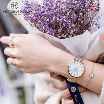 VICTORIA HYDE Fashion Rose Gold Watches for Women Easy Read Mother of Pearl Dial Analog Quartz Stainless Steel Mesh Band Ladies Wristwatch