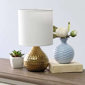 Simple Designs LT2073-GDW Mini Hammered Texture Gold Drip Table Lamp with White Shade
