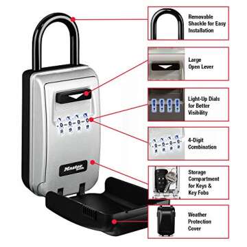 Master Lock Black Portable Key Lock Box with Light Up Dials, Set/Reset Combination for Tenants, Gues...