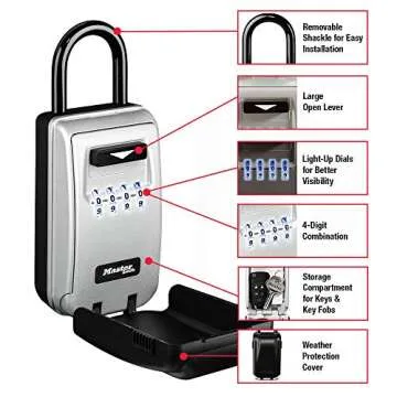 Master Lock Black Portable Key Lock Box with Light Up Dials, Set/Reset Combination for Tenants, Gues...