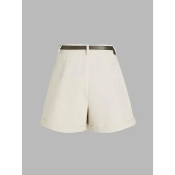 CIDER High Waist Belted Wide Leg Shorts in Beige