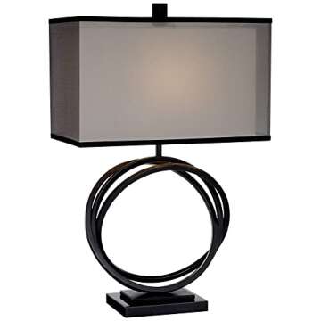 Possini Euro Design Stellar Modern Industrial Table Lamp 28 1/4" Tall Black Metal Sculptural Ring Organza Sheer Outer White Fabric Inner Dum Shade Bedroom Living Room House Home Bedside Nightstand