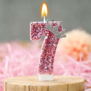 Birthday Number Candles,Pink Crown Birthday Candles for Cake,Glitter Number 7 Candle Cake Topper wit...