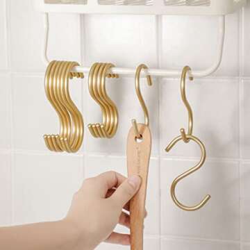 dierjueyers 10 Pieces Gold S Hooks Aluminum Alloy S-Shaped Hooks Heavy Duty Kitchen Bathroom Multi Purpose Storage Hooks for Hanging Pans Pots Cup Plants Towels Clothes (Gold)