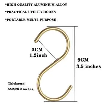 dierjueyers 10 Pieces Gold S Hooks Aluminum Alloy S-Shaped Hooks Heavy Duty Kitchen Bathroom Multi Purpose Storage Hooks for Hanging Pans Pots Cup Plants Towels Clothes (Gold)