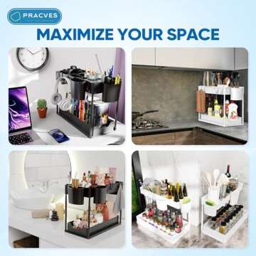 Pracves Kitchen Under Sink Organizer – 2 Tier Bathroom Shelf Organizers And Storage Under Sink – Pull Out Multipurpose White Cabinet Organizer - Adjustable Storage Trays For Narrow Space – Pack Of 1