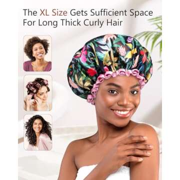 mikimini Large Shower Cap for Women Long Hair, Rainforest Bath Shower Caps with Pink Lace, Reusable Waterproof Shower Hat for Girls