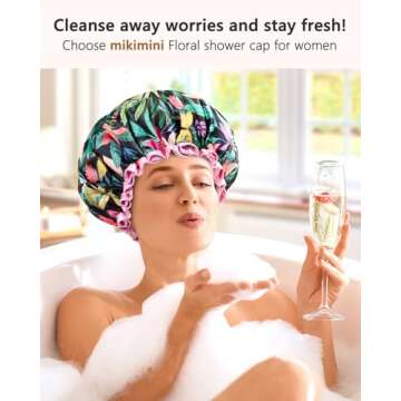 mikimini Large Shower Cap for Women Long Hair, Rainforest Bath Shower Caps with Pink Lace, Reusable Waterproof Shower Hat for Girls